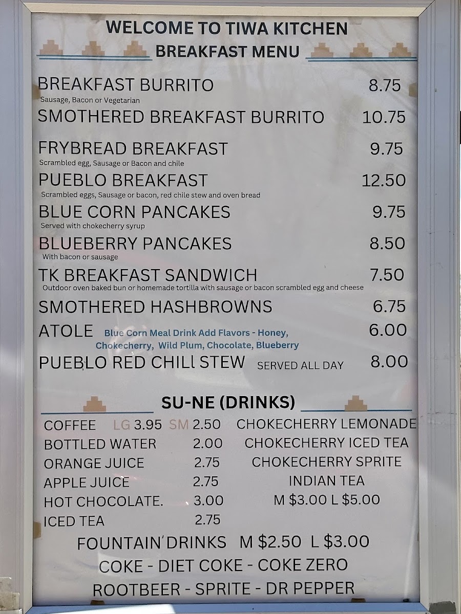 Tiwa Kitchen menu board