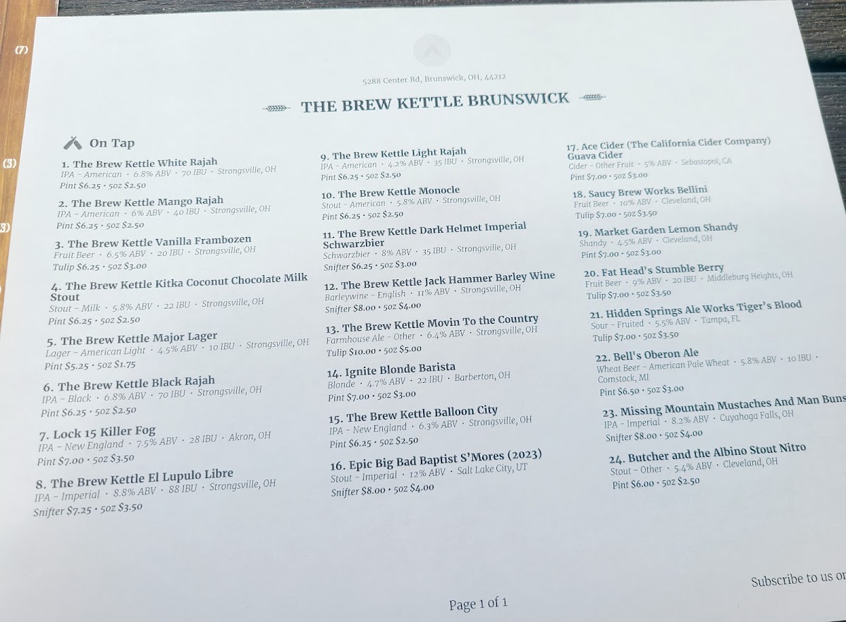 The Brew Kettle Brunswick & Topgolf Swing Suites menu board