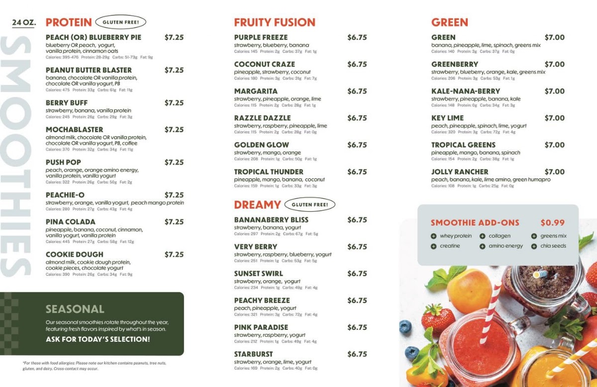 Nutri Smoothie & Cafe menu board
