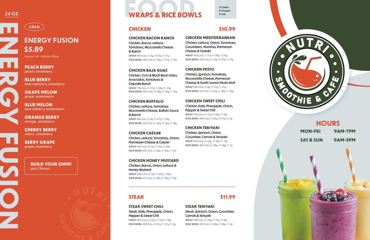 Nutri Smoothie & Cafe menu board