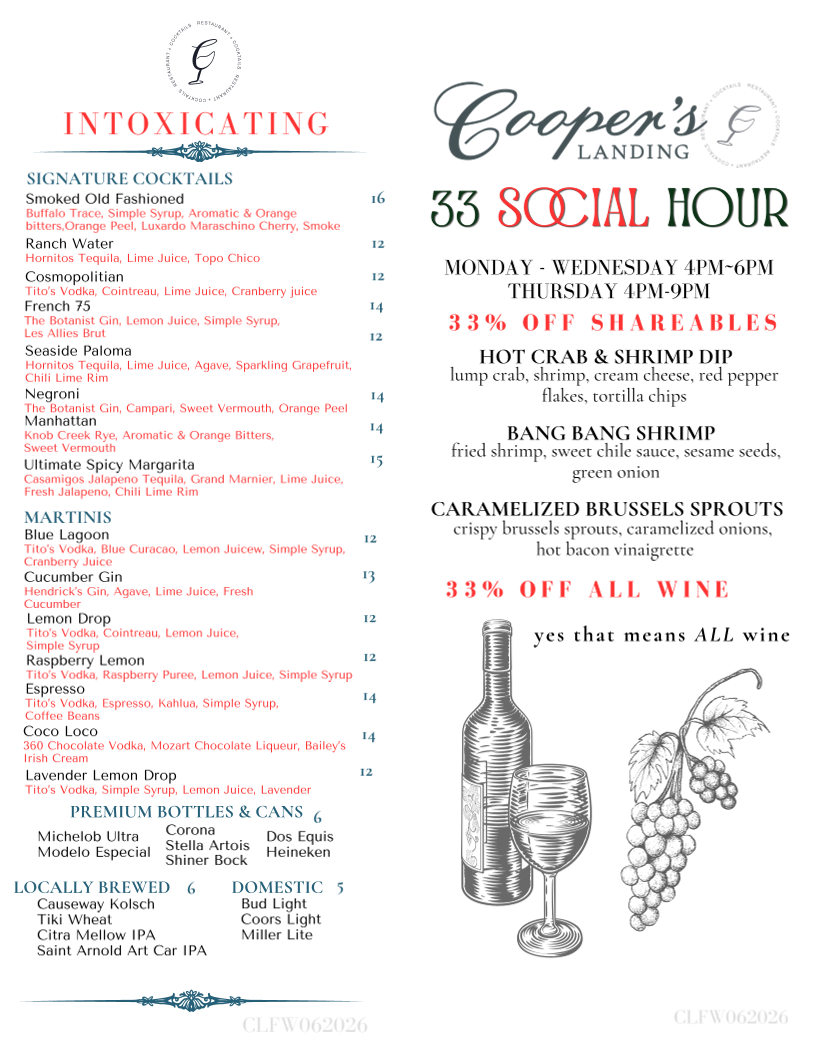 Cooper's Landing - Friendswood menu board
