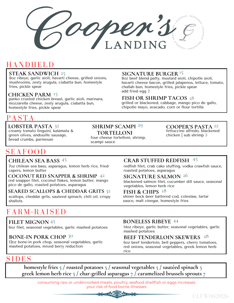 Cooper's Landing - Friendswood menu board