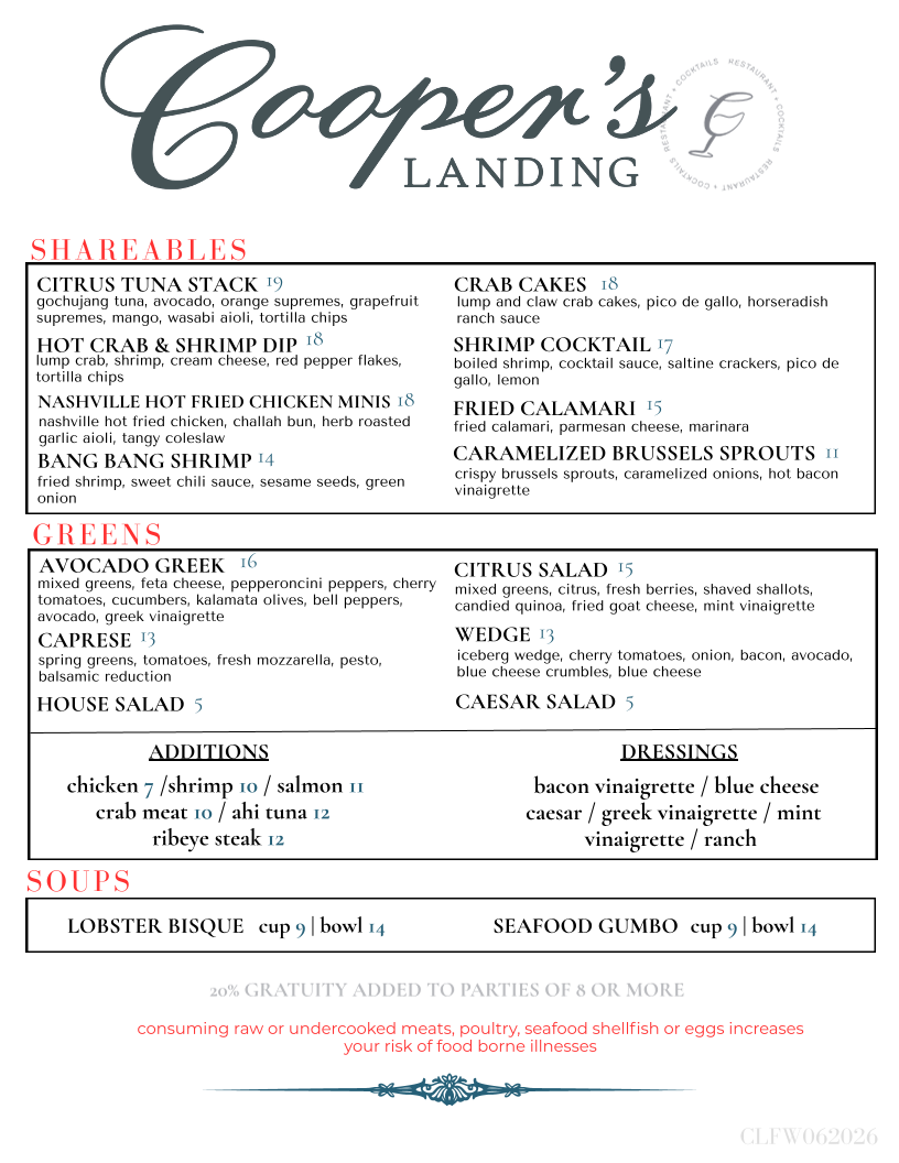 Cooper's Landing - Friendswood menu board