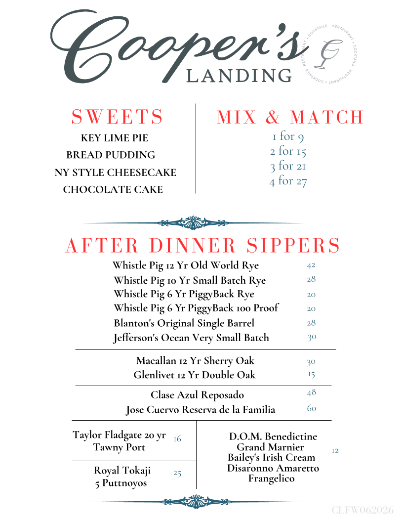 Cooper's Landing - Friendswood menu board