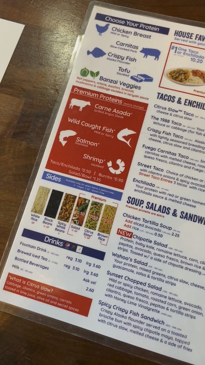 Wahoo's Fish Tacos menu board