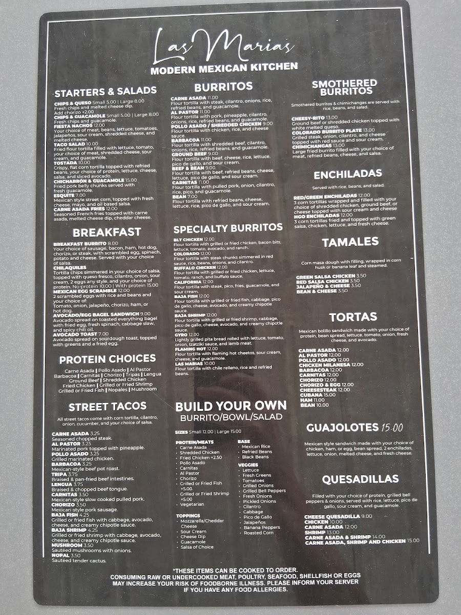 Las Marias Modern Mexican Kitchen menu board