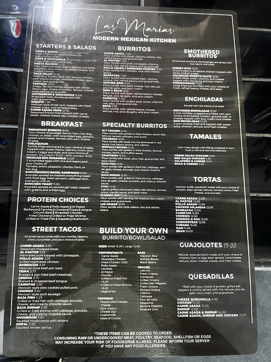 Las Marias Modern Mexican Kitchen menu board
