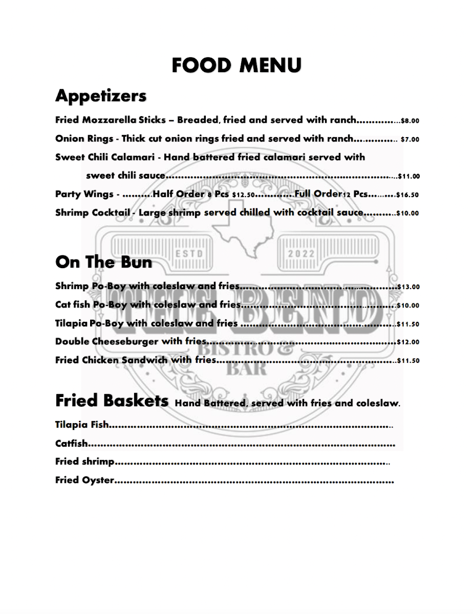 The Bend Bistro and Bar menu board