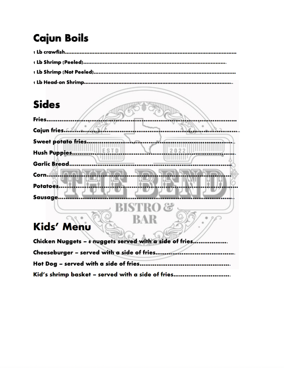 The Bend Bistro and Bar menu board