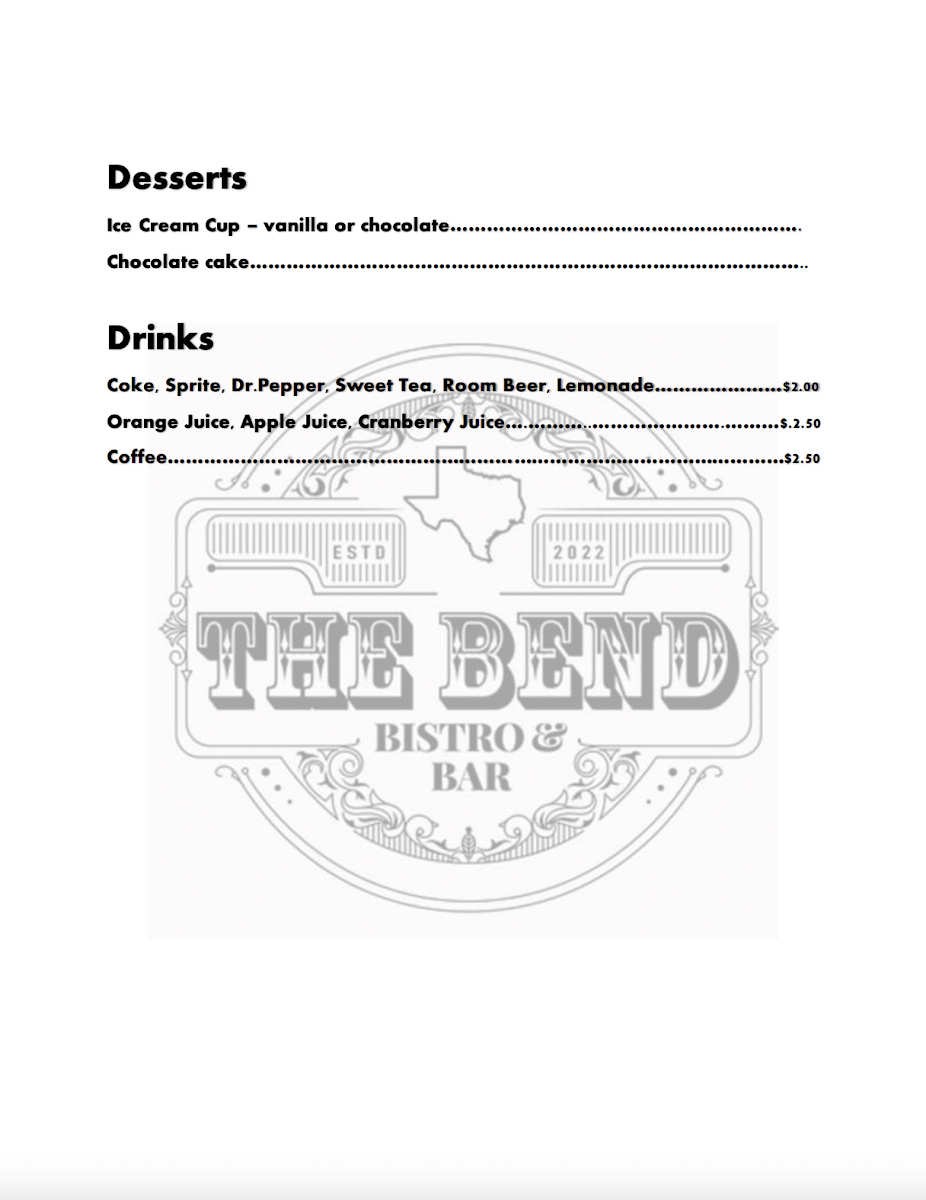 The Bend Bistro and Bar menu board