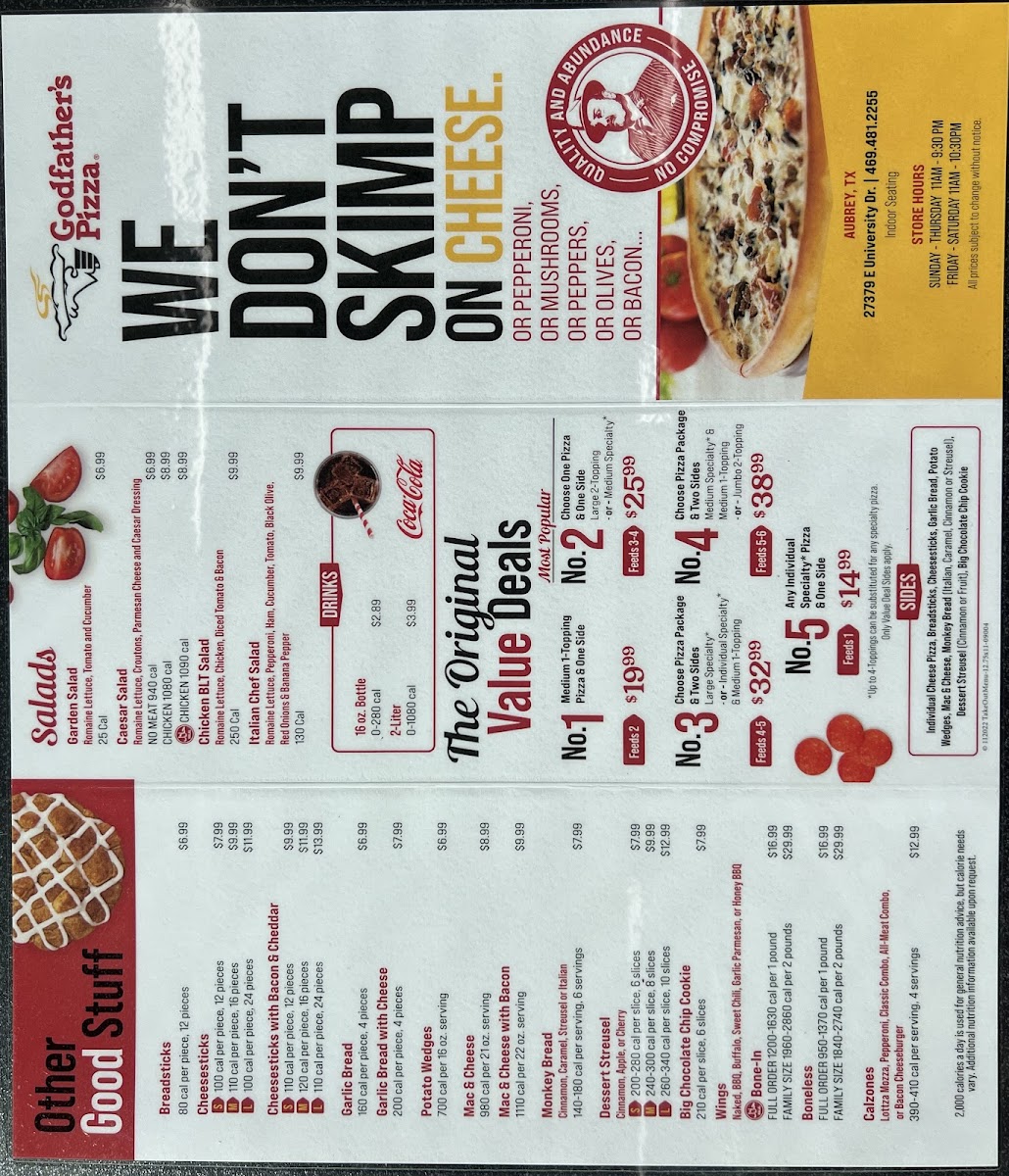 Godfather's Pizza Aubrey menu board