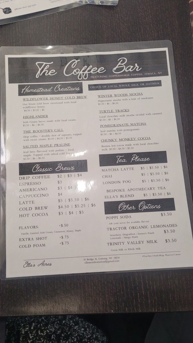 Ella’s Acres - Corning menu board