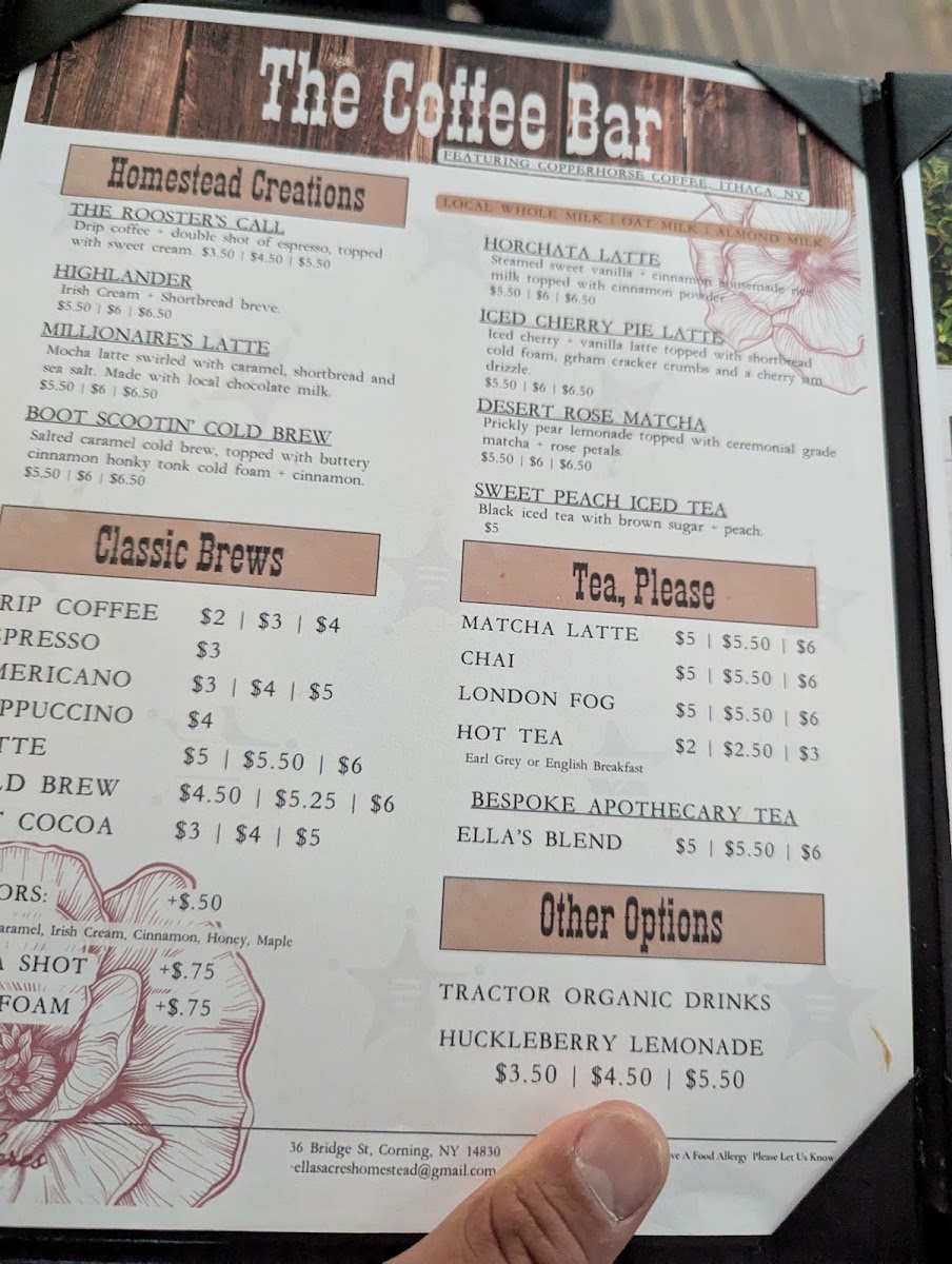 Ella’s Acres - Corning menu board