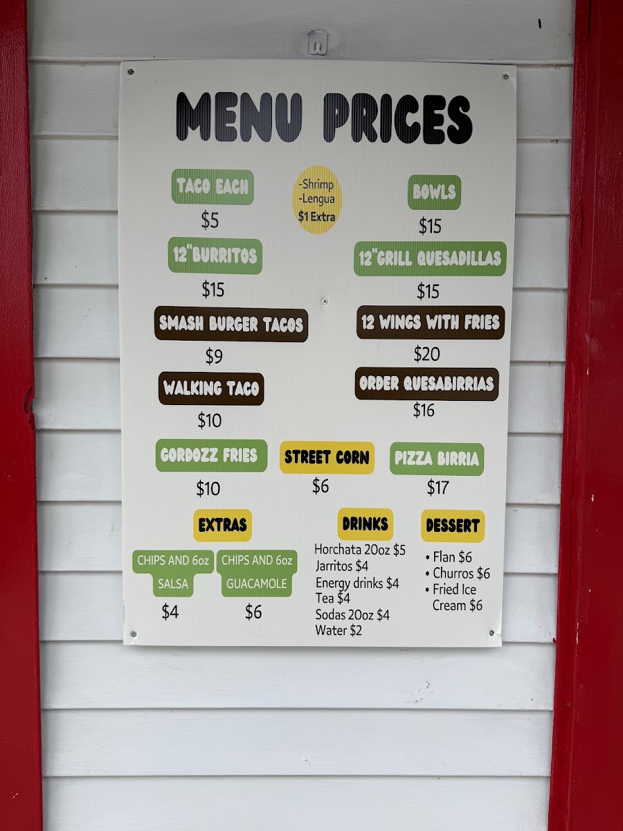Gordozz Street Tacos menu board