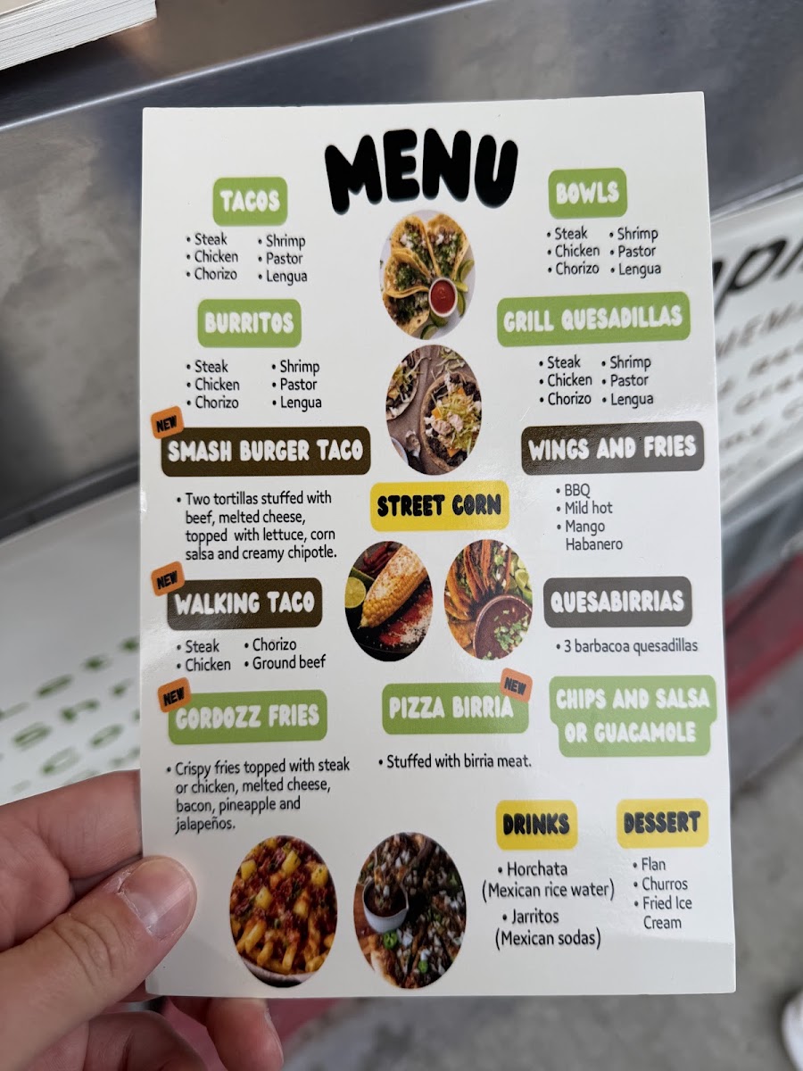 Gordozz Street Tacos menu board