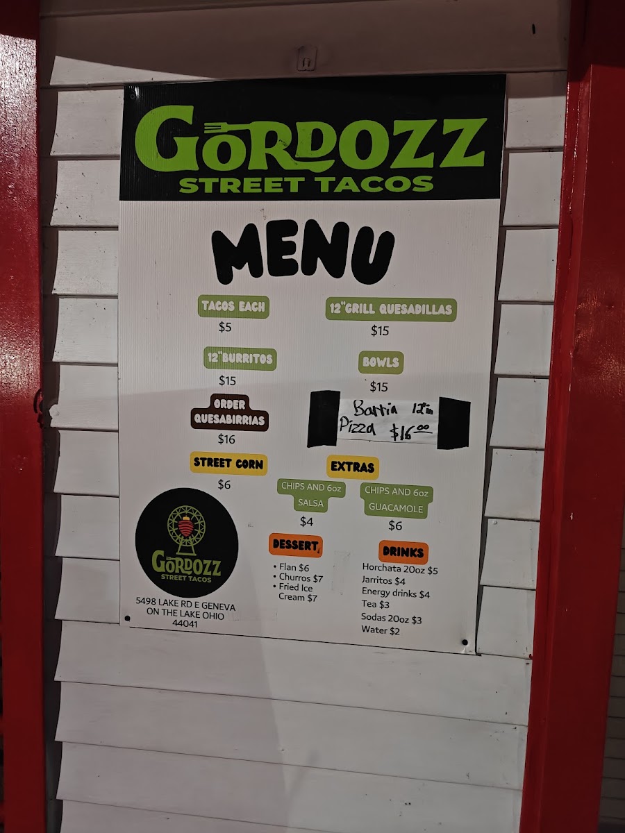 Gordozz Street Tacos menu board