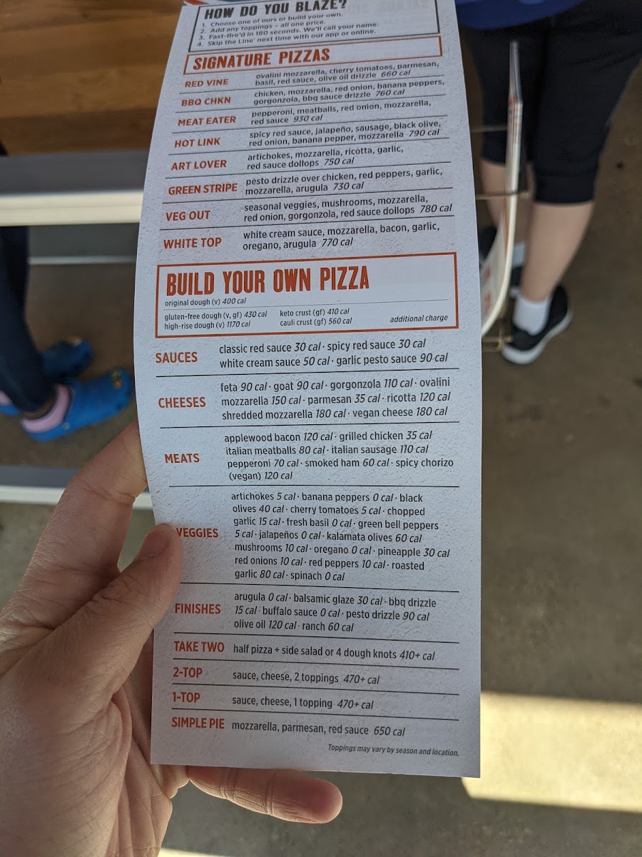Blaze Pizza menu board