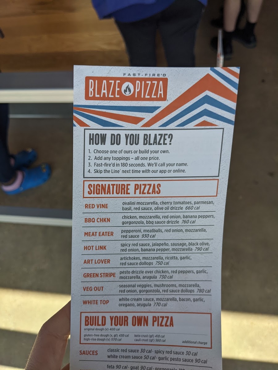 Blaze Pizza menu board