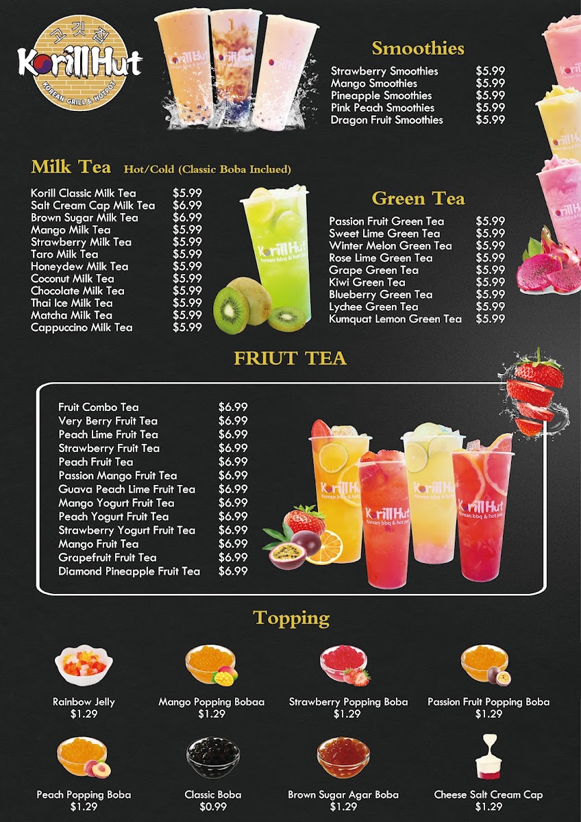 Korill Hut Korean BBQ & Hot Pot menu board
