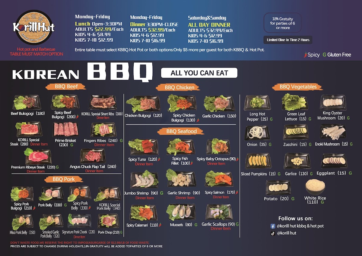 Korill Hut Korean BBQ & Hot Pot menu board