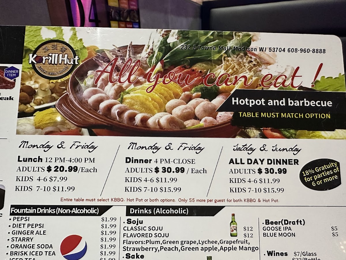 Korill Hut Korean BBQ & Hot Pot menu board