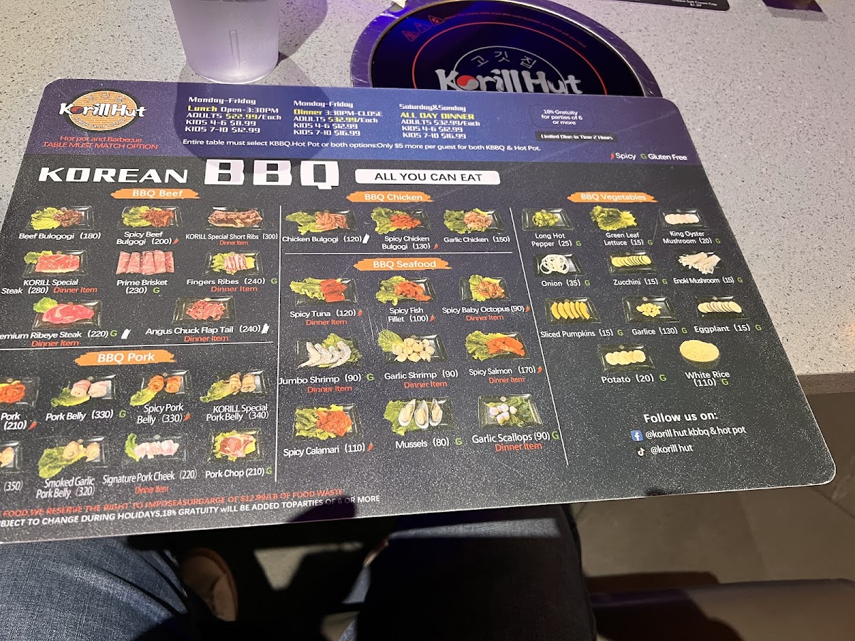 Korill Hut Korean BBQ & Hot Pot menu board