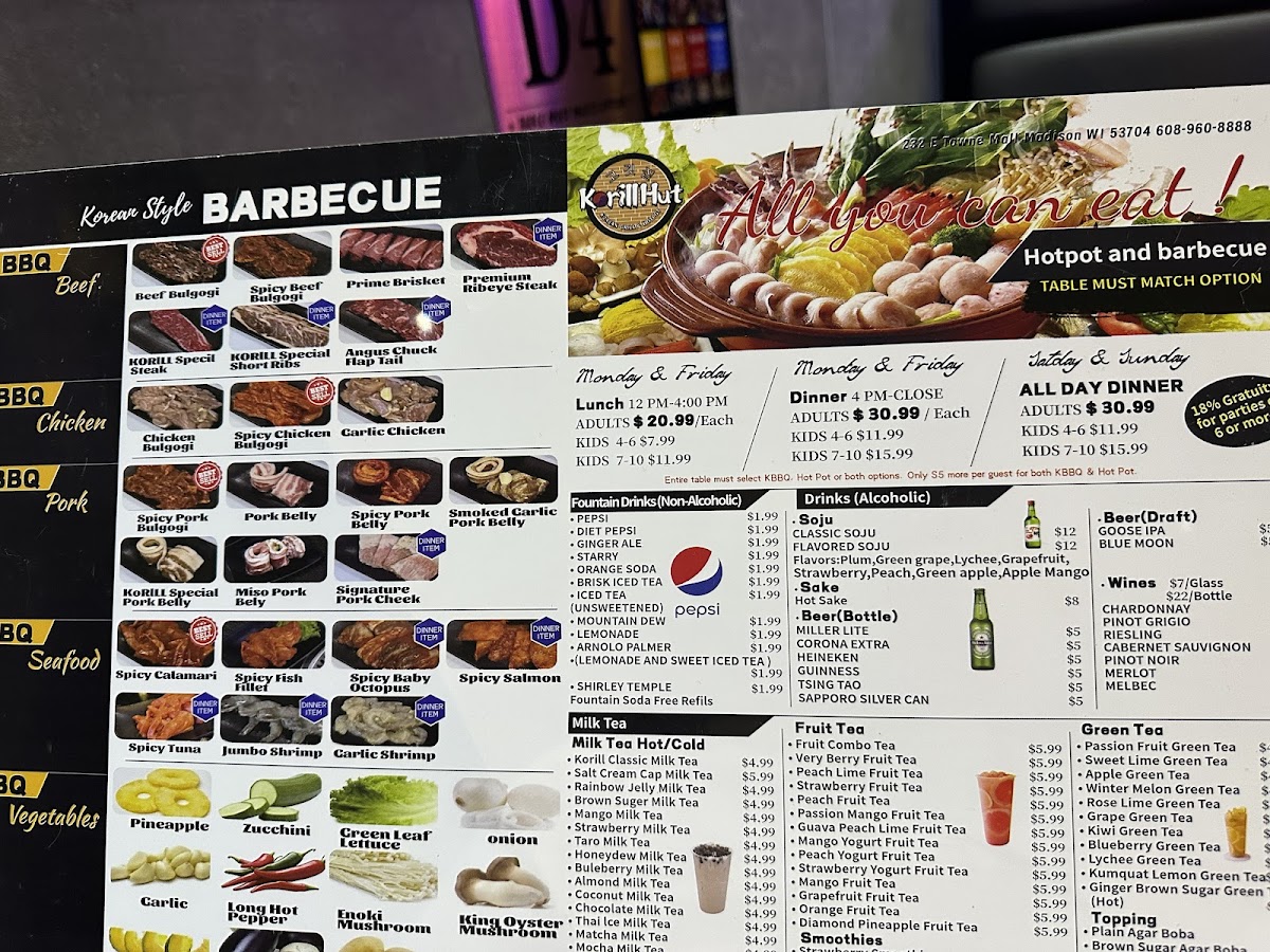 Korill Hut Korean BBQ & Hot Pot menu board