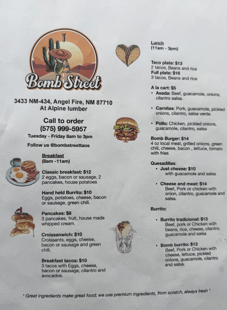 Bomb Street menu board