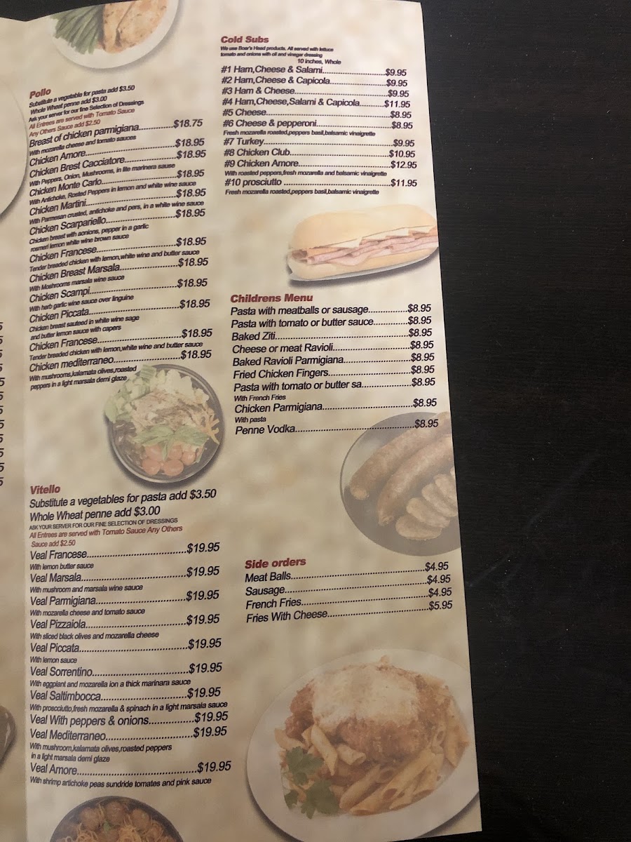 Amore Italian Pizza & Restaurant menu board