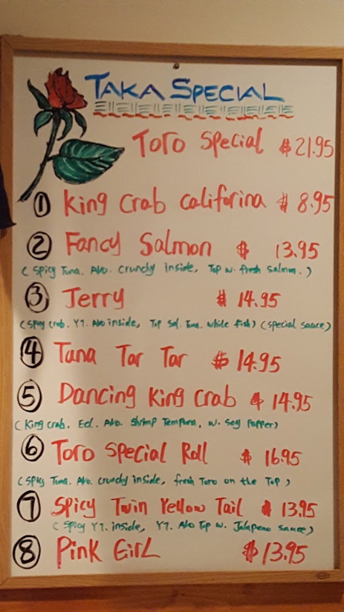 Taka Japanese restaurant menu board