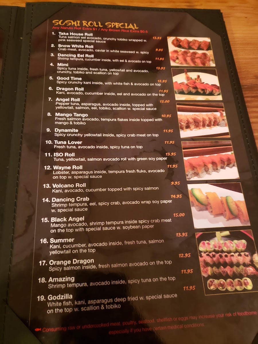 Taka Japanese restaurant menu board