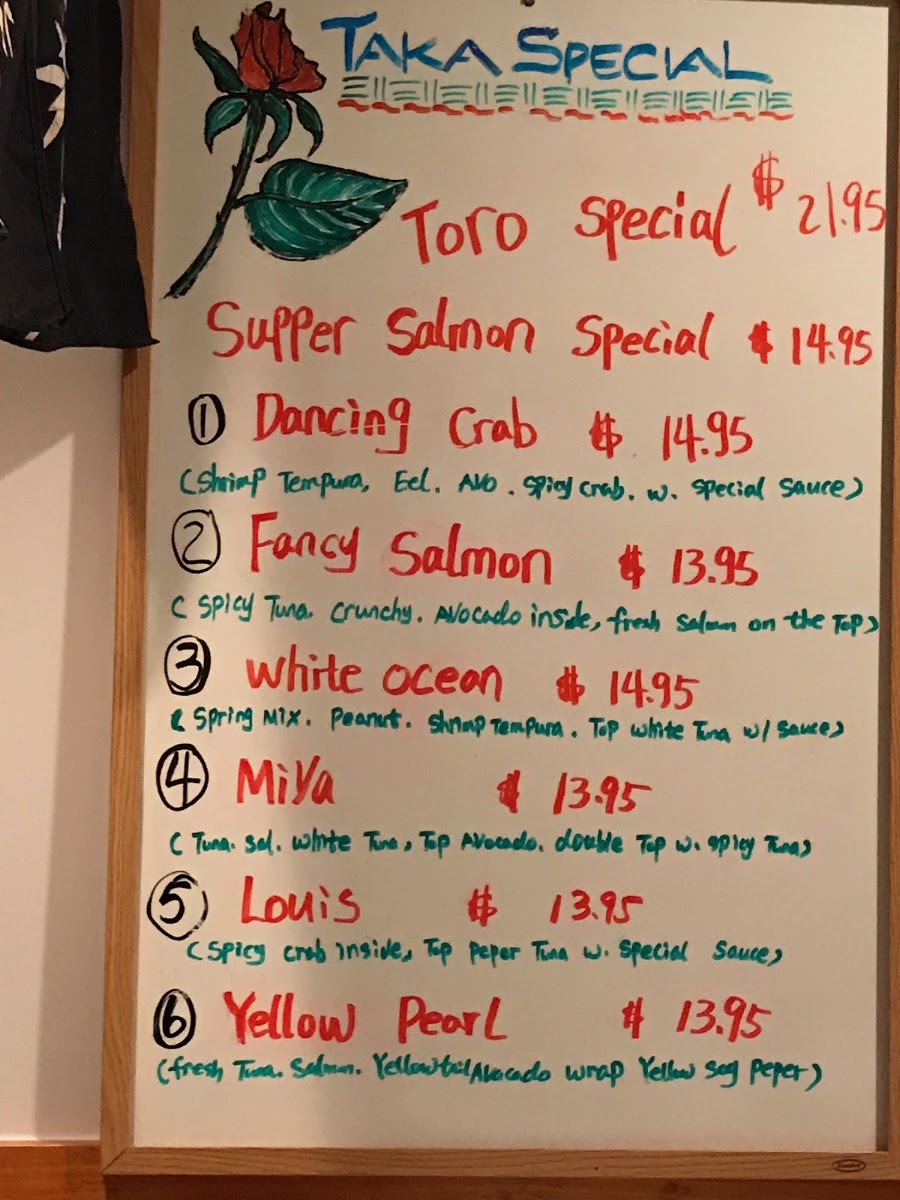 Taka Japanese restaurant menu board