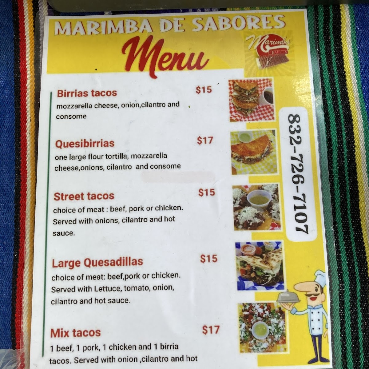 MARIMBA DE SABORES menu board