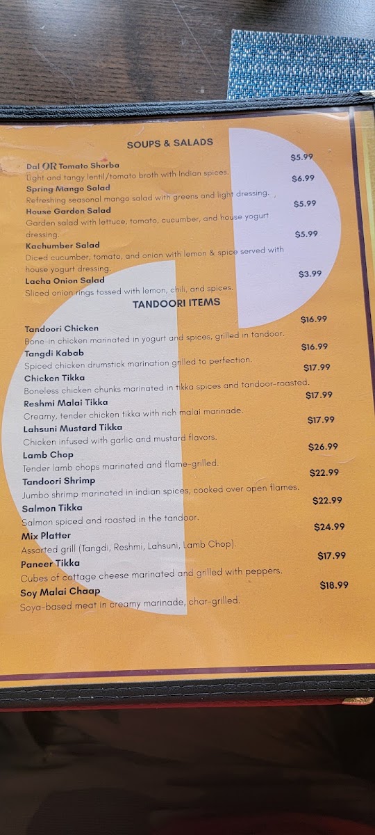 Tikka Masala Bar & Grill menu board