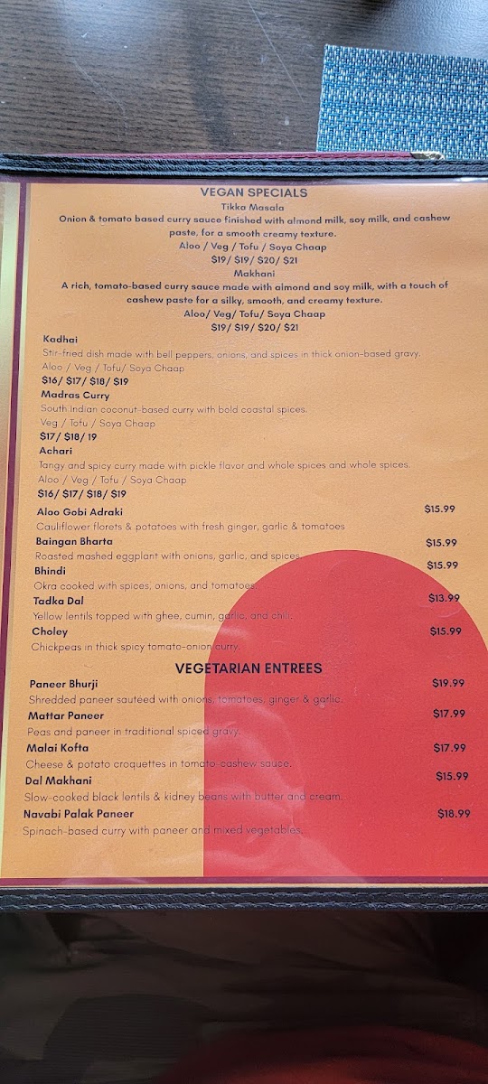 Tikka Masala Bar & Grill menu board