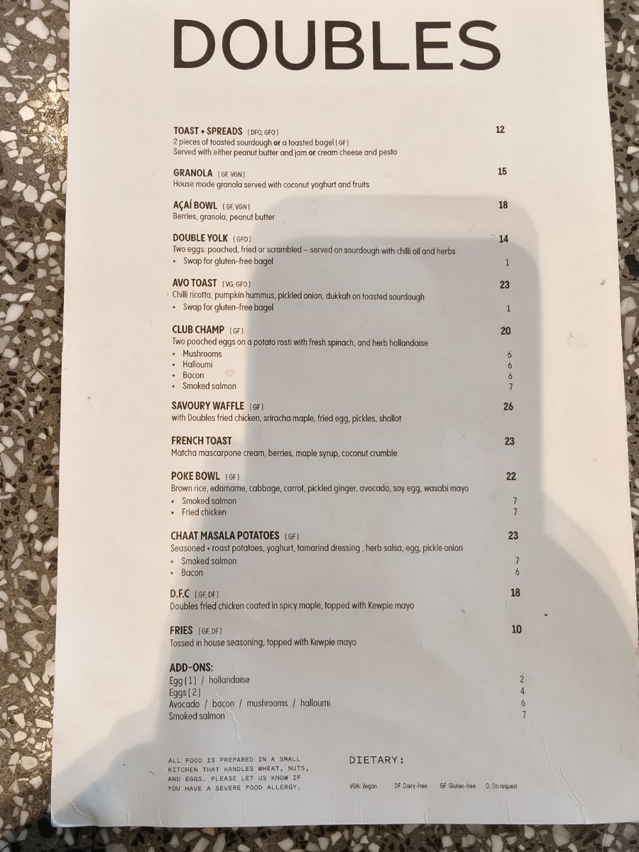 Doubles menu board