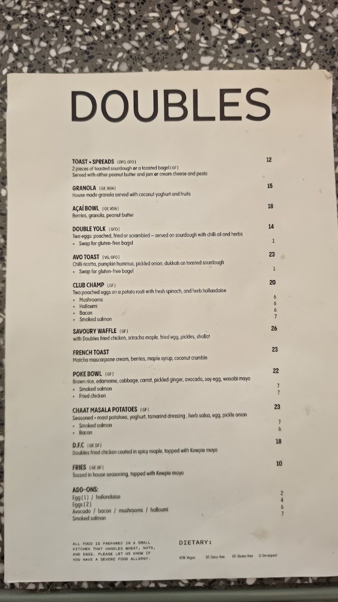 Doubles menu board