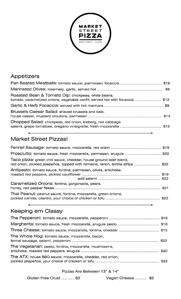 Market Street Pizza menu board