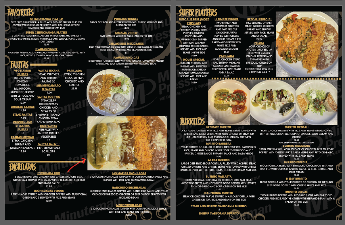 Mezcali Mexican Restaurant menu board