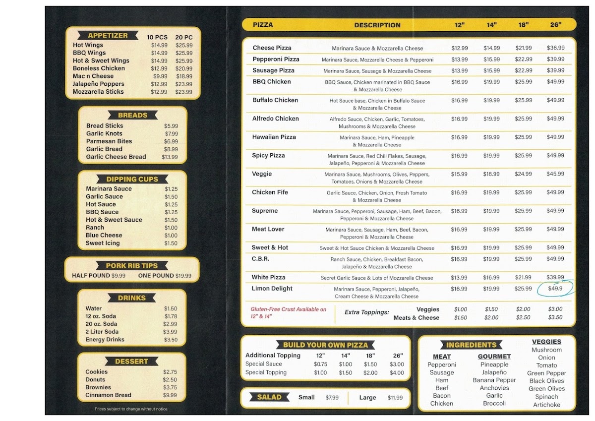 Roshe's Pizza and Bar menu board