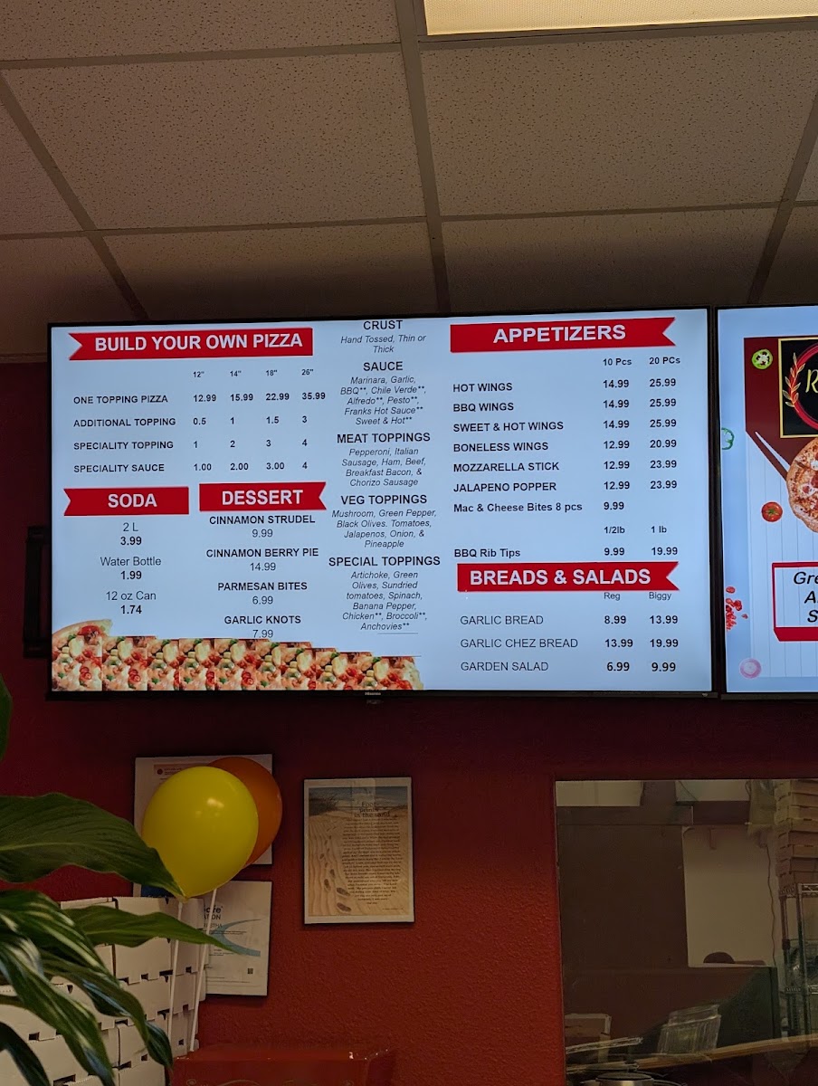 Roshe's Pizza and Bar menu board