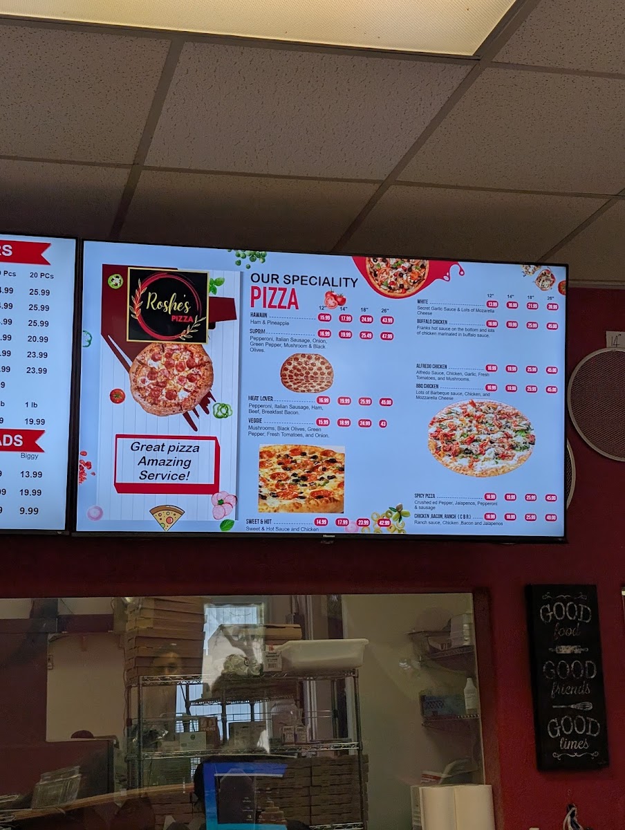 Roshe's Pizza and Bar menu board