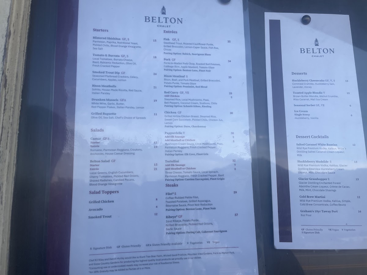 Belton Tap Room & Dining Room menu board