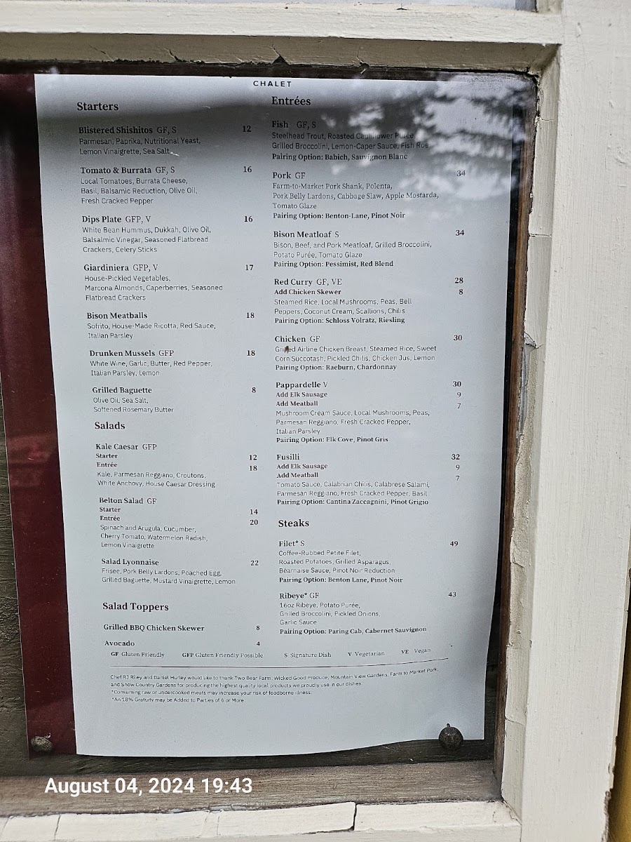 Belton Tap Room & Dining Room menu board