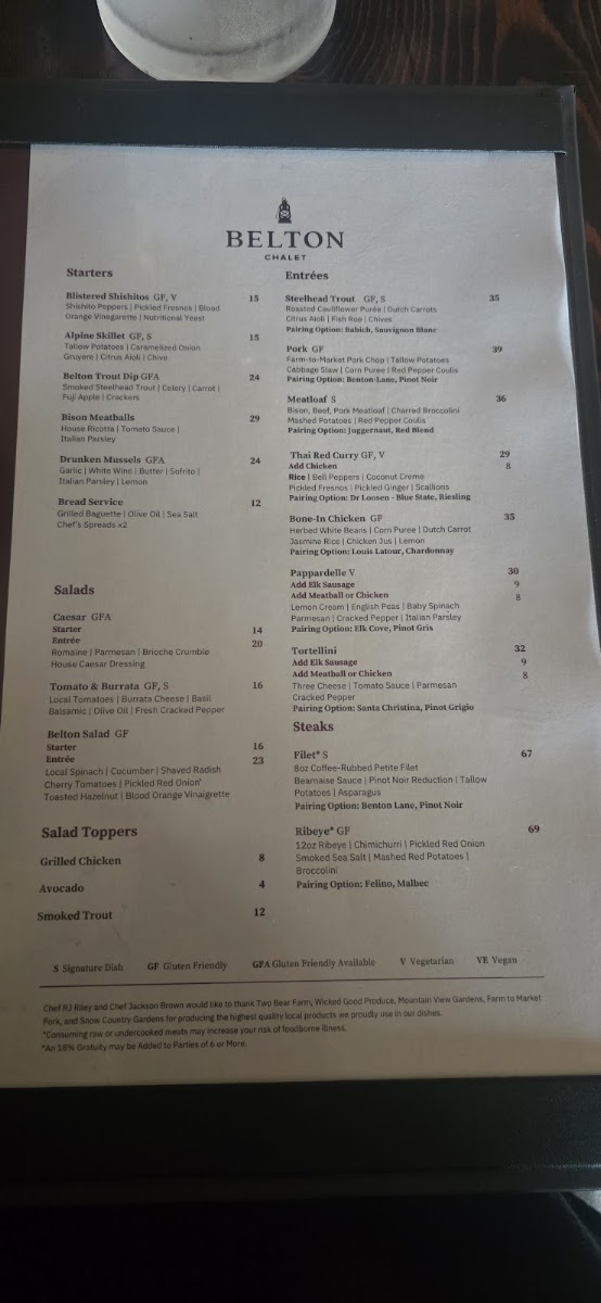 Belton Tap Room & Dining Room menu board