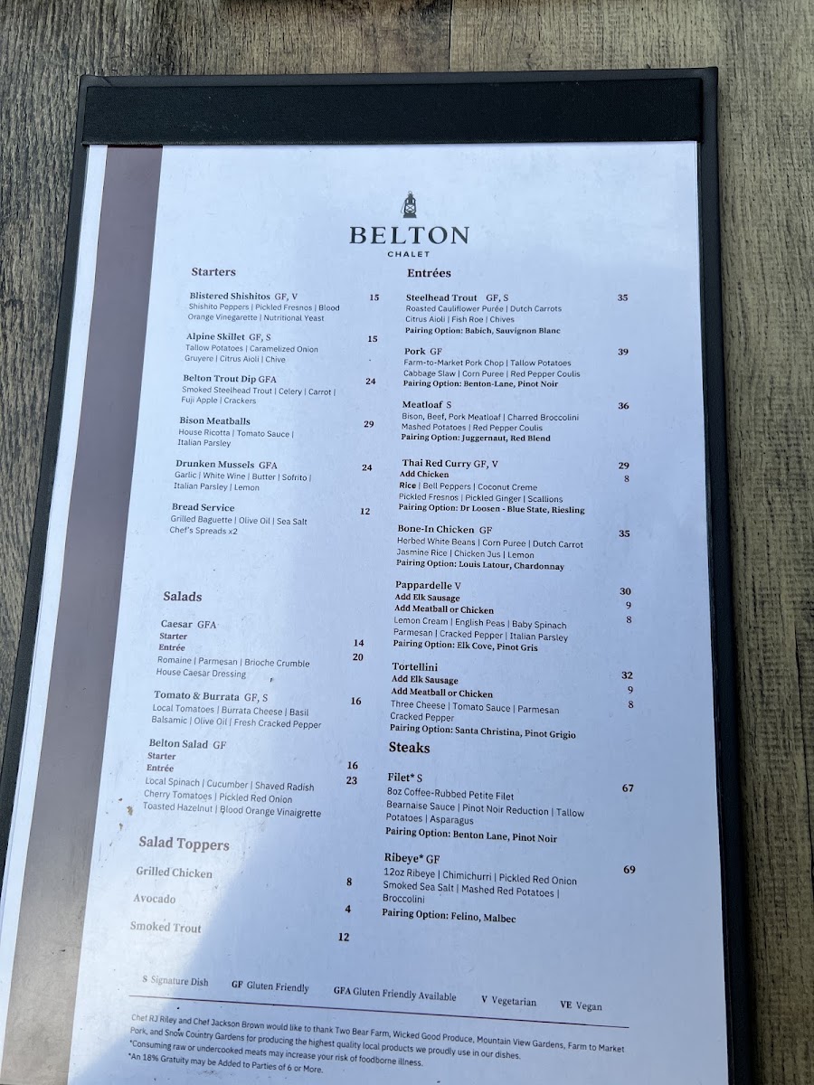 Belton Tap Room & Dining Room menu board