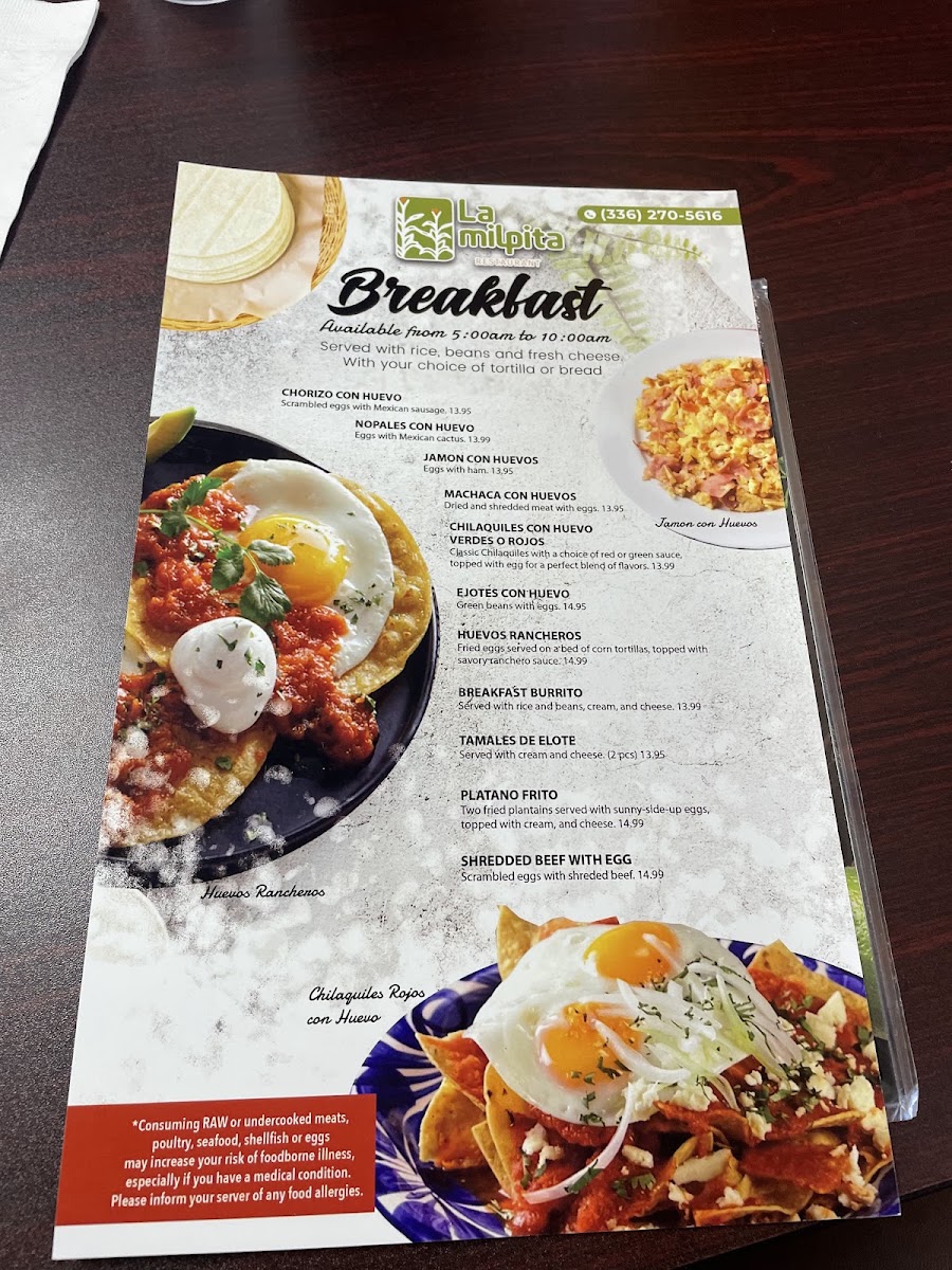 La Milpita Restaurante LLC menu board