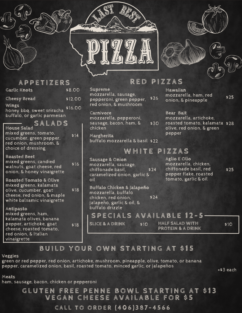 Last Best Pizza menu board