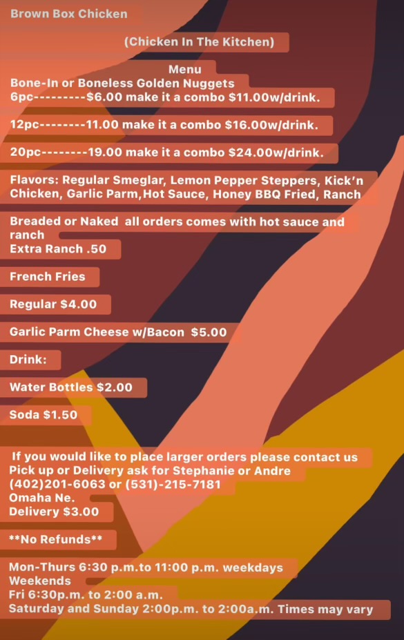 Brown Box Chicken LLC menu board