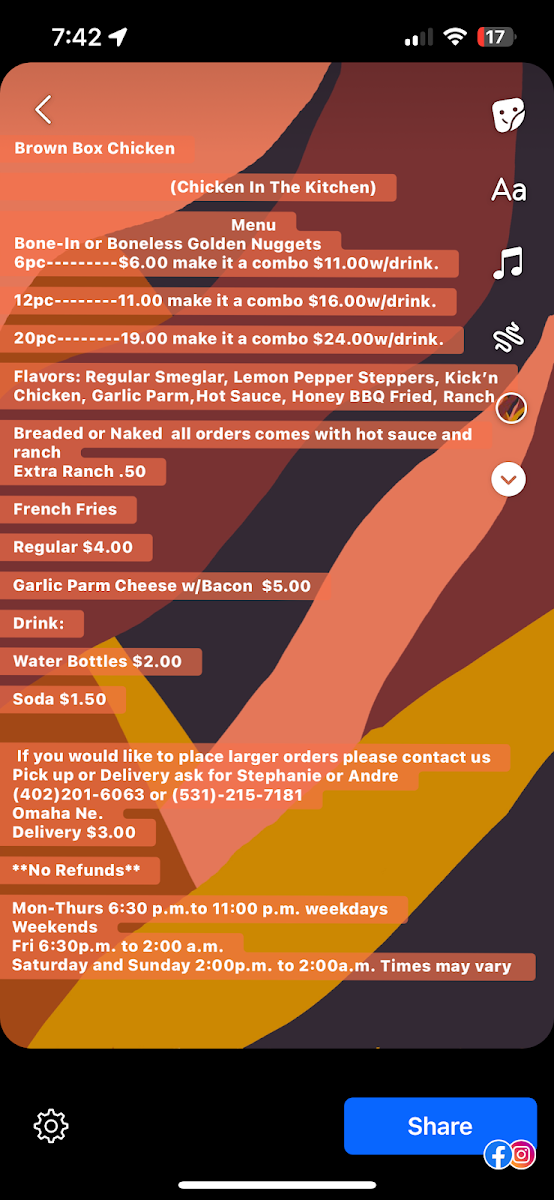Brown Box Chicken LLC menu board